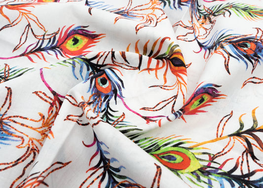 Linen Cotton Blend,Digital Print,Plain,White And Multi Colour Feather, Men And Women, Unstitched Shirting Or Top Fabric