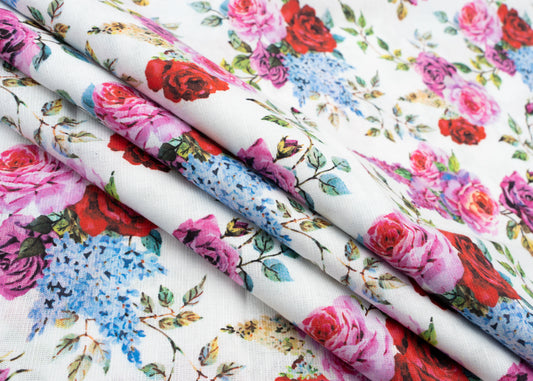 Linen Cotton Blend,Digital Print,Plain,White And Multi Colour Floral, Men And Women, Unstitched Shirting Or Top Fabric
