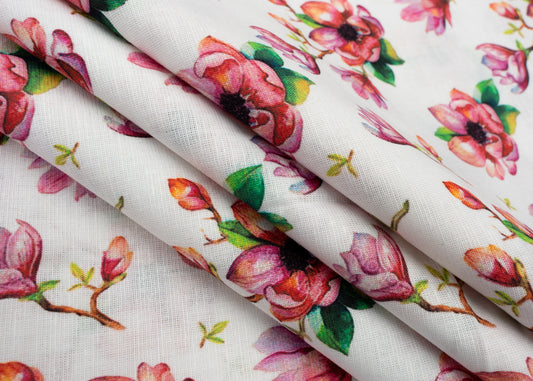 Linen Cotton Blend,Digital Print,Plain,White And Multi Colour Floral, Men And Women, Unstitched Shirting Or Top Fabric