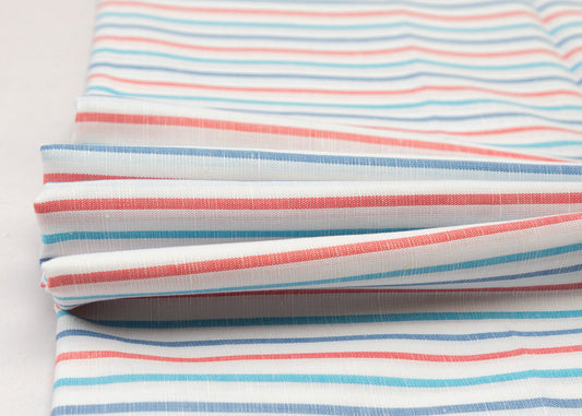 Linen Cotton Blend, Yarn Dyed, Plain,Turq And Red And White 813, Men And Women, Unstitched Shirting Or Top Fabric