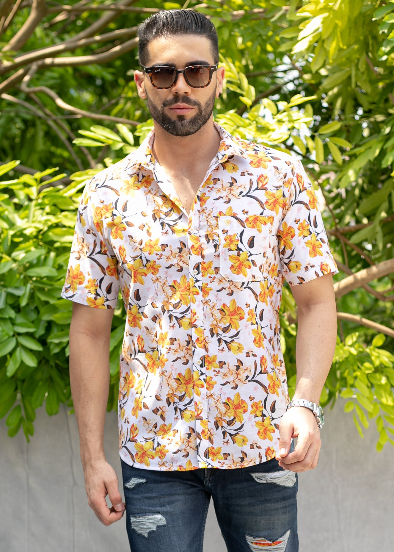 Linen Cotton Blend,Digital Print,Plain, Half Sleeves,Semi Slim FitWhite And Yellow And Black, Men,Shirt