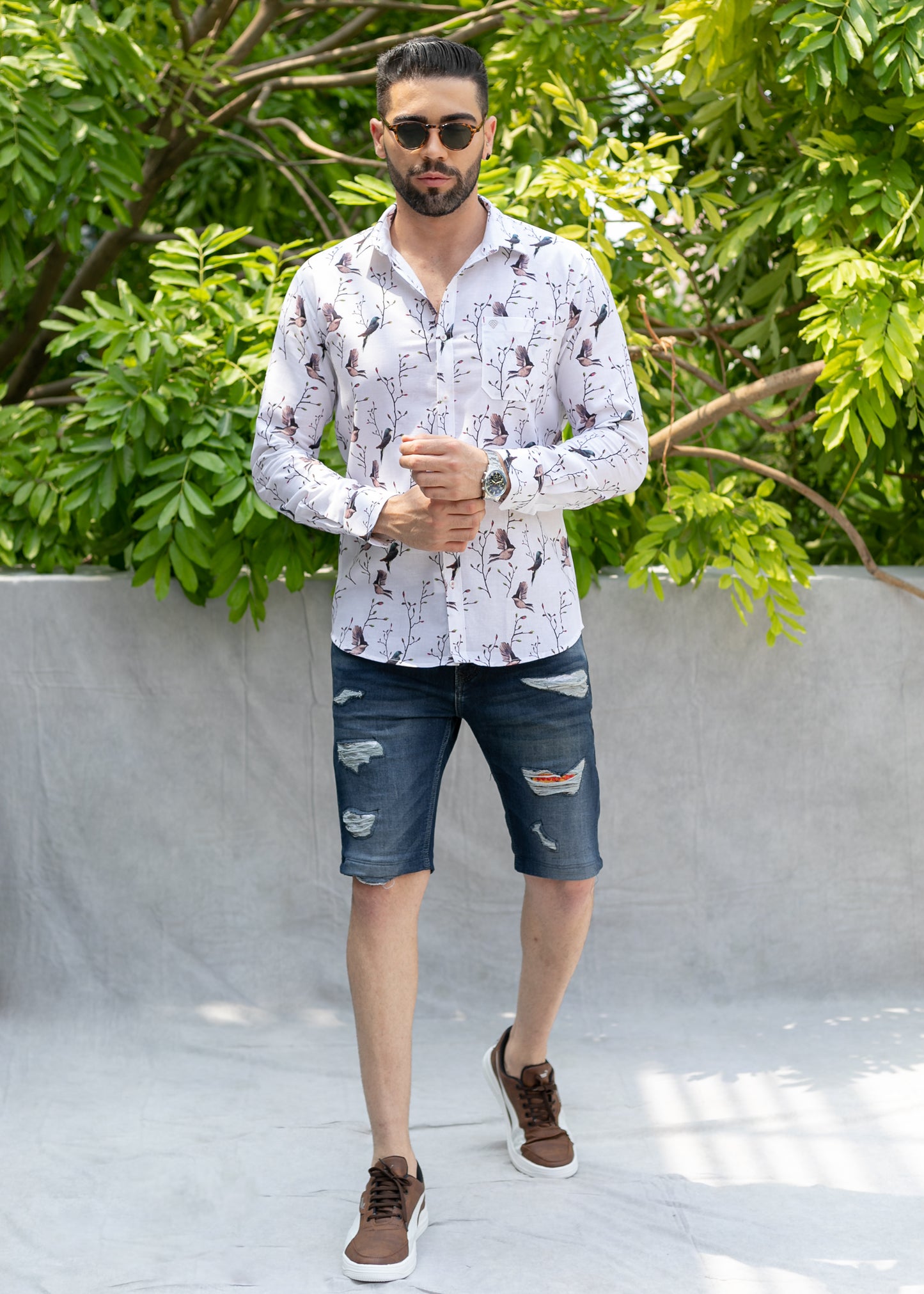 Linen Cotton Blend,Digital Print,Plain, Full Sleeves,Semi Slim Fit,White And Multi Colour Floral, Men,Shirt