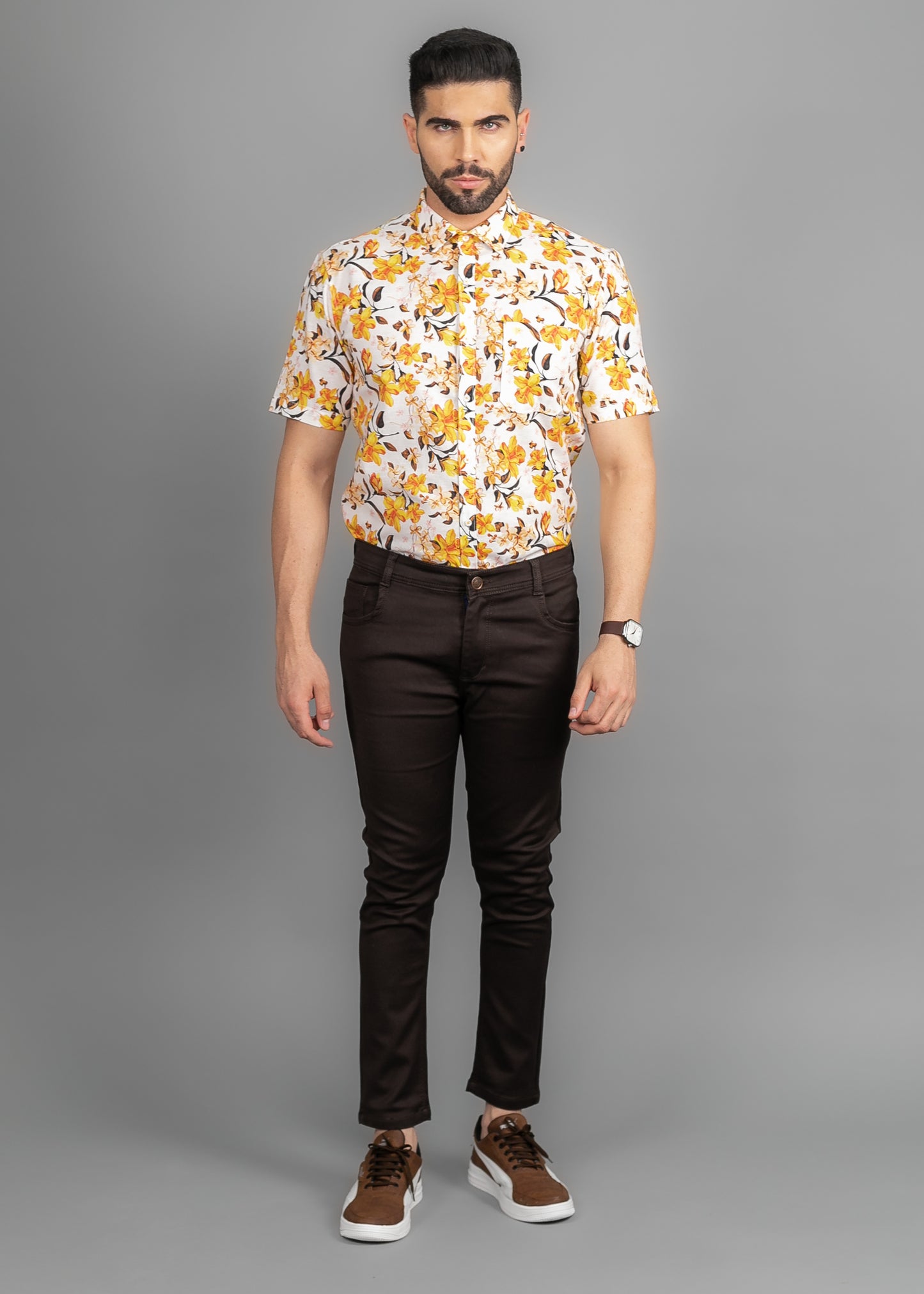 Linen Cotton Blend,Digital Print,Plain, Half Sleeves,Semi Slim FitWhite And Yellow And Black, Men,Shirt