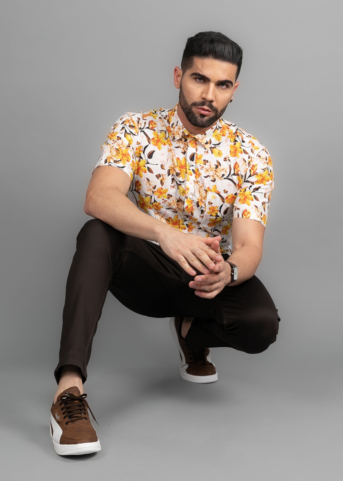 Linen Cotton Blend,Digital Print,Plain, Half Sleeves,Semi Slim FitWhite And Yellow And Black, Men,Shirt