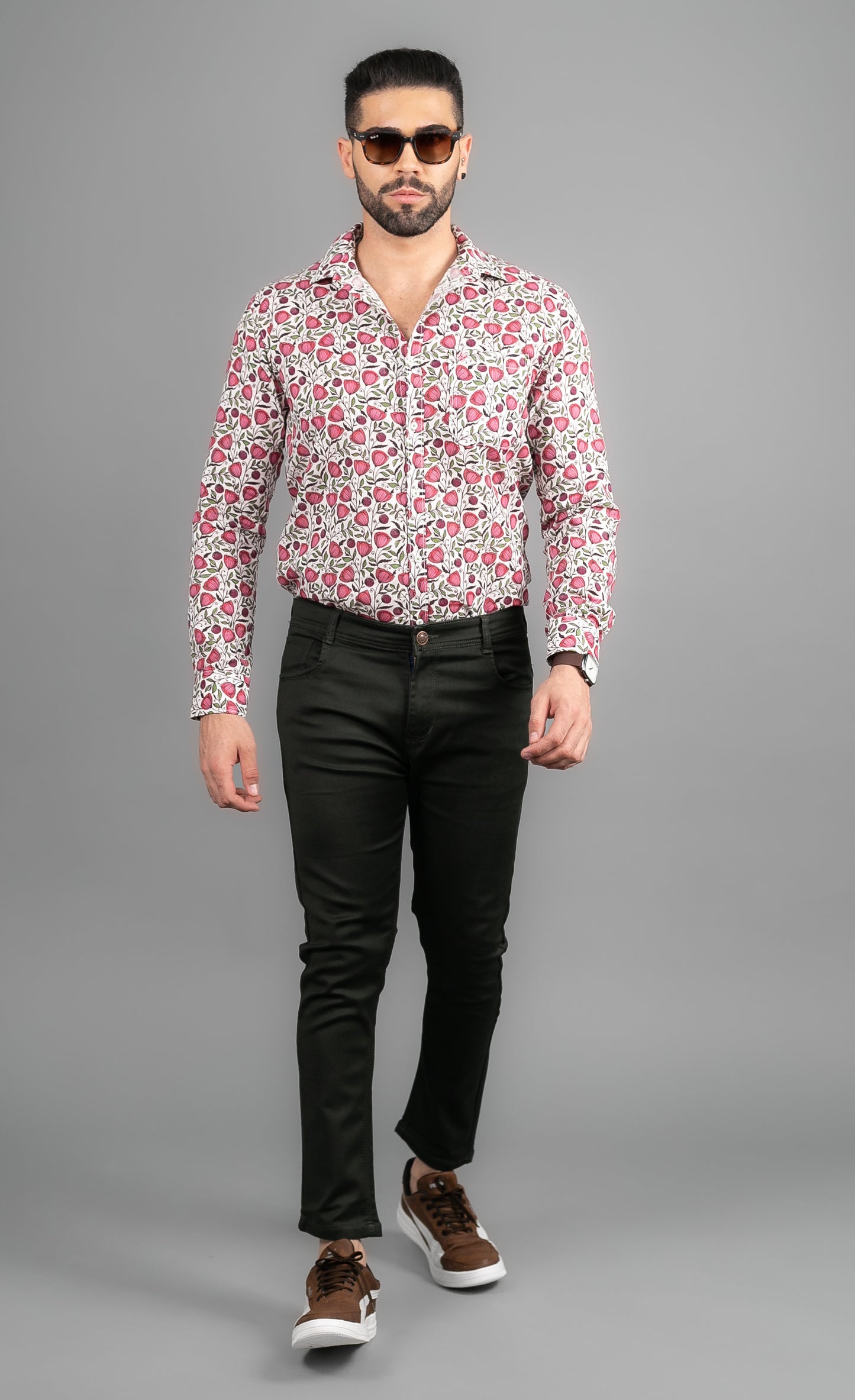 Linen Cotton Blend,Digital Print,Plain, Full Sleeves,Semi Slim Fit,White And Pink And Green Floral, Men,Shirt