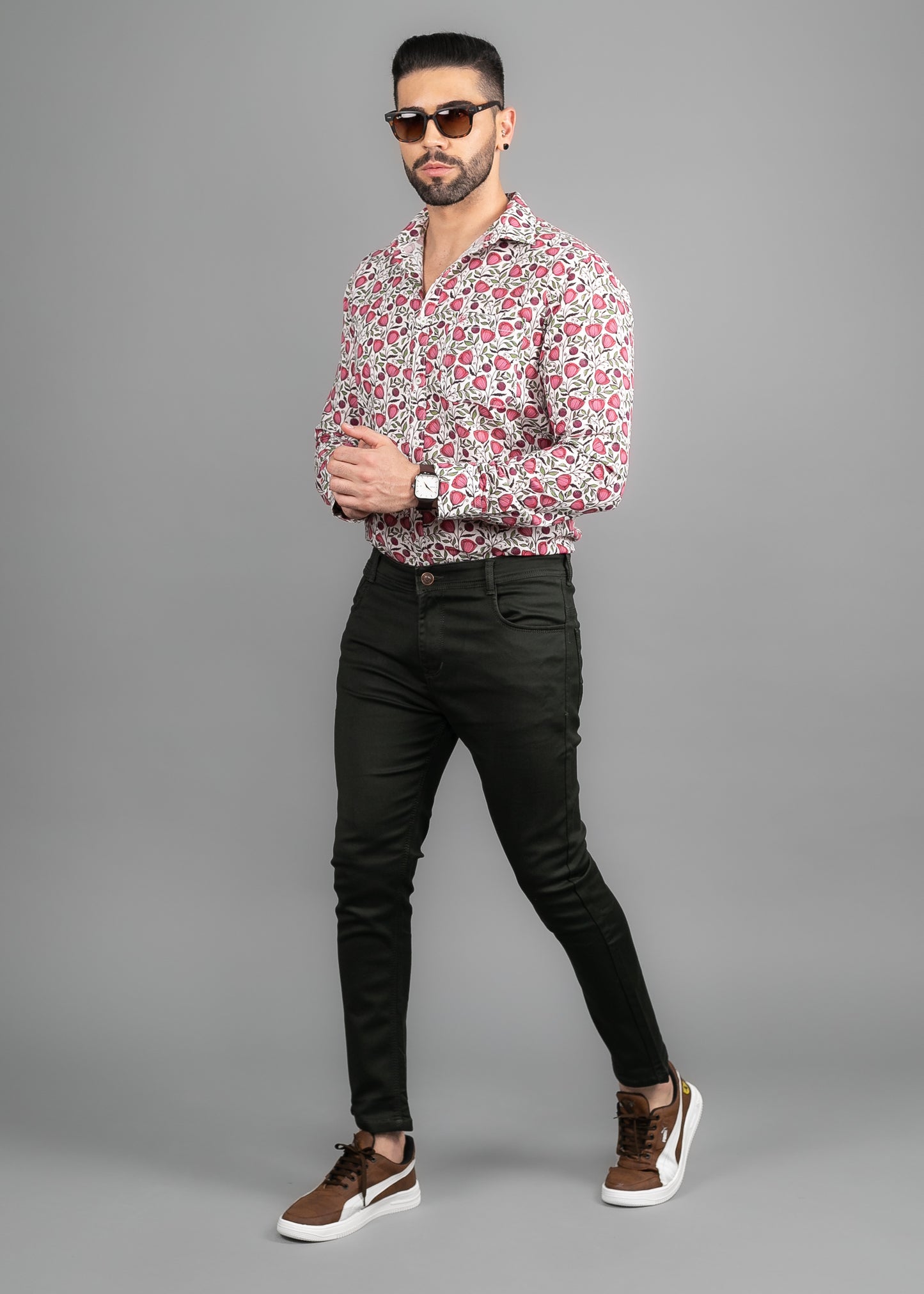 Linen Cotton Blend,Digital Print,Plain, Full Sleeves,Semi Slim Fit,White And Pink And Green Floral, Men,Shirt