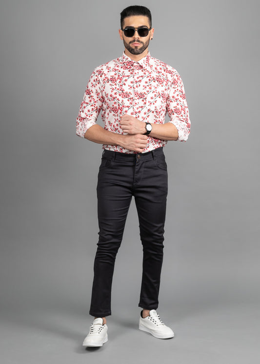 Linen Cotton Blend,Digital Print,Plain, Full Sleeves,Semi Slim Fit,White and Red And Pink And Black Floral, Men,Shirt