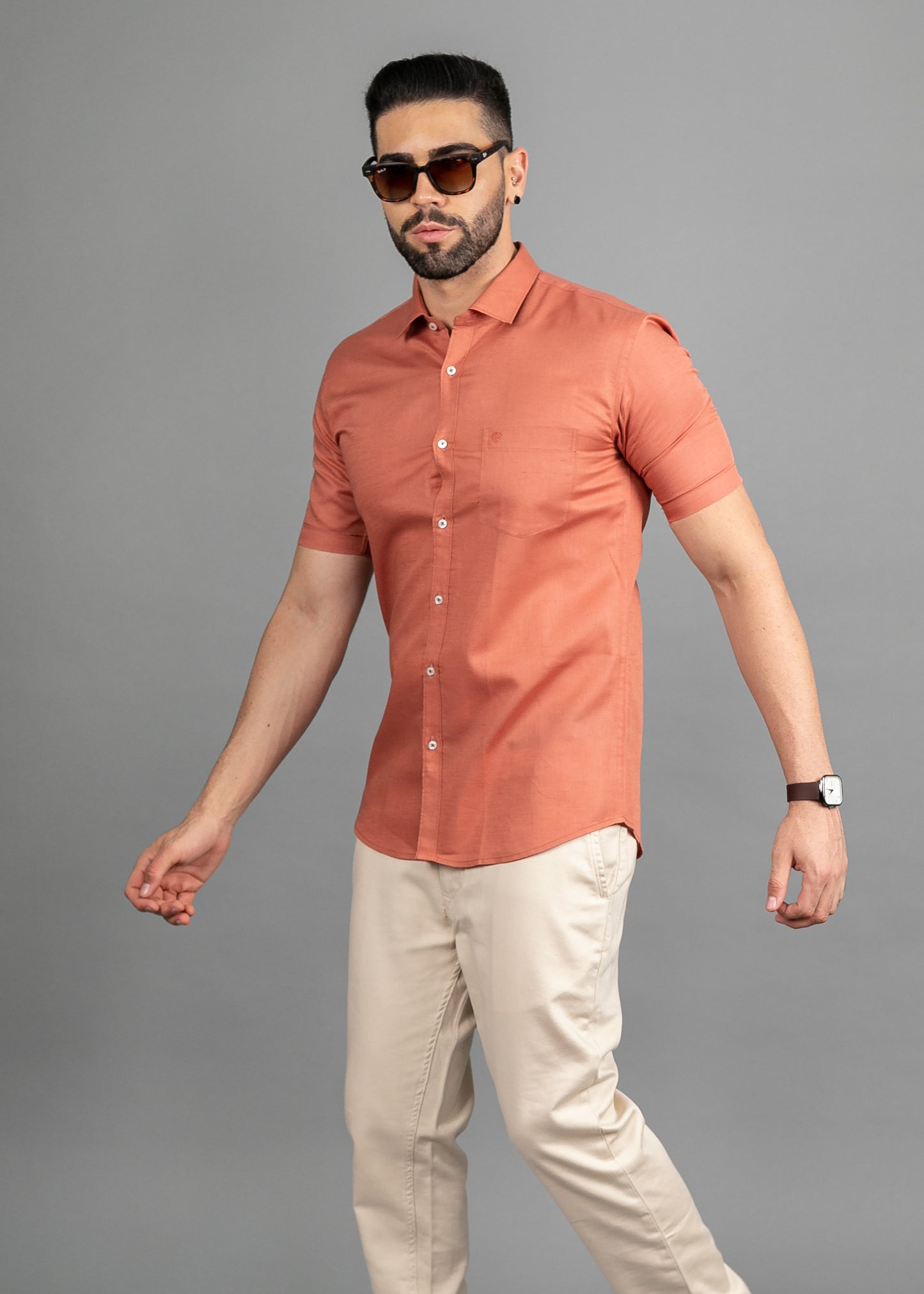 Linen Cotton Blend,Piece Dyed,Plain, Half Sleeves,Semi Slim FitCopper, Men,Shirt