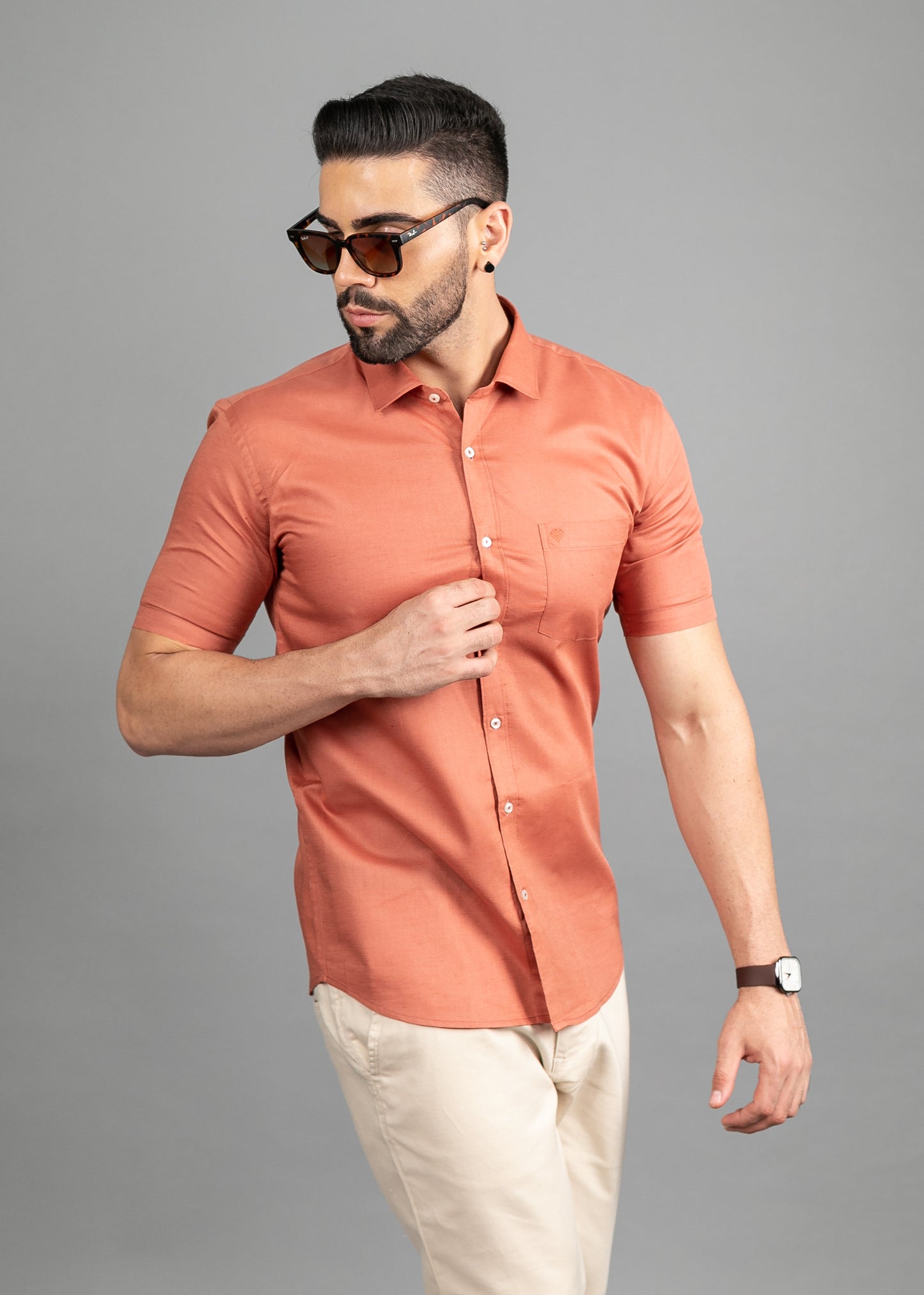 Linen Cotton Blend,Piece Dyed,Plain, Half Sleeves,Semi Slim FitCopper, Men,Shirt