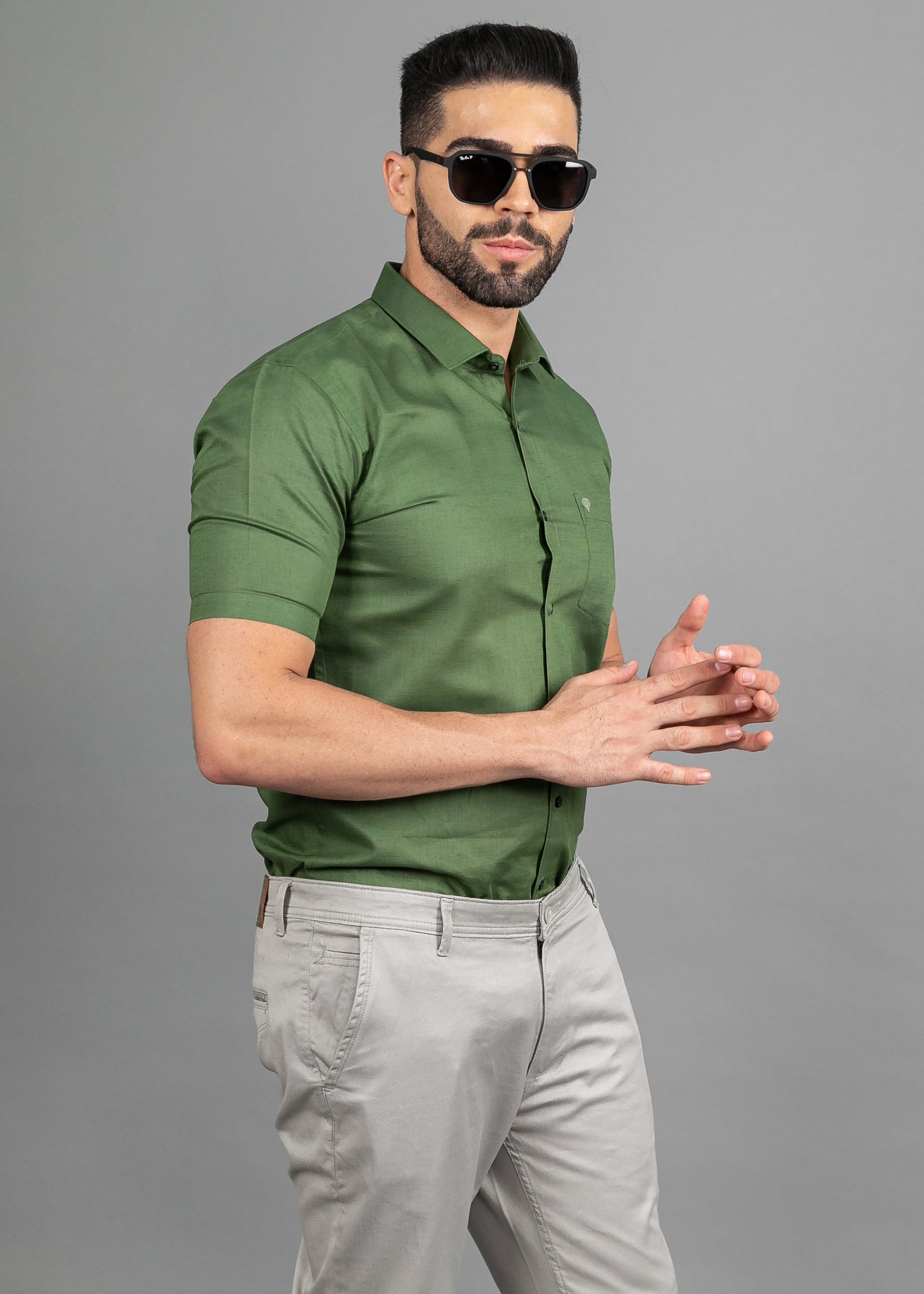 Linen Cotton Blend,Piece Dyed,Plain, Half Sleeves,Semi Slim Fit Mehendi, Men,Shirt