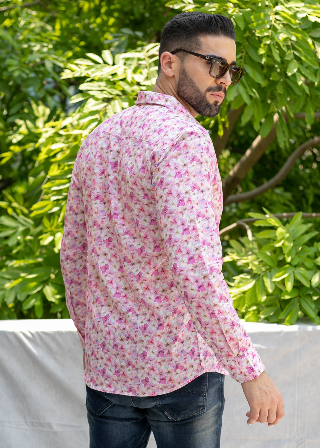 Linen Cotton Blend,Digital Print,Plain, Full Sleeves,Semi Slim Fit,Pink And White Floral, Men,Shirt
