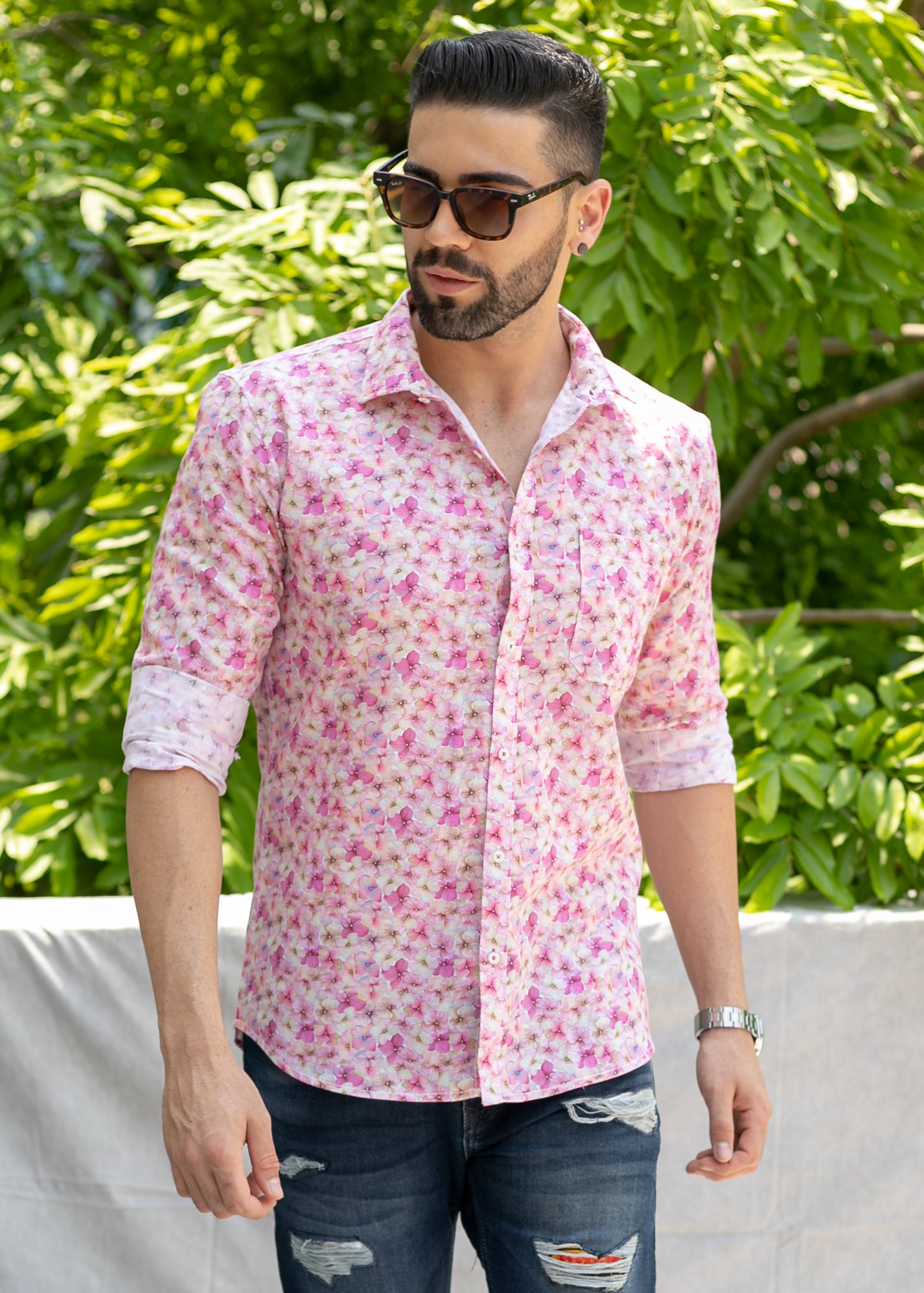 Linen Cotton Blend,Digital Print,Plain, Full Sleeves,Semi Slim Fit,Pink And White Floral, Men,Shirt