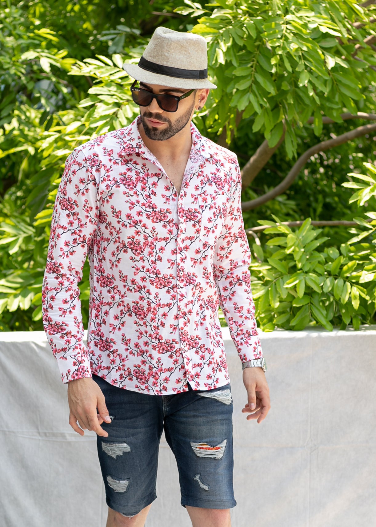 Linen Cotton Blend,Digital Print,Plain, Full Sleeves,Semi Slim Fit,White and Red And Pink And Black Floral, Men,Shirt