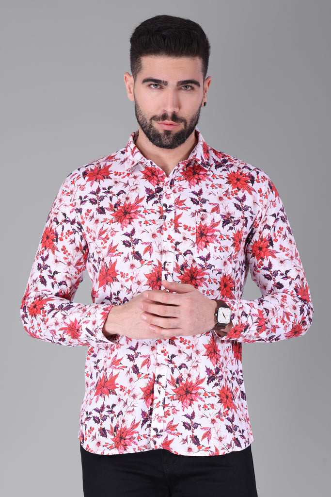 Linen Cotton Blend,Digital Print,Plain, Full Sleeves,Semi Slim Fit,White And Multi Colour Floral, Men,Shirt