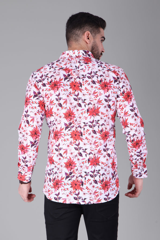 Linen Cotton Blend,Digital Print,Plain, Full Sleeves,Semi Slim Fit,White And Multi Colour Floral, Men,Shirt