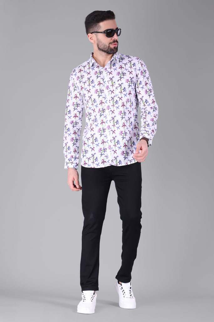 Linen Cotton Blend,Digital Print,Plain, Full Sleeves,Semi Slim Fit,White And Multi Colour Floral, Men,Shirt
