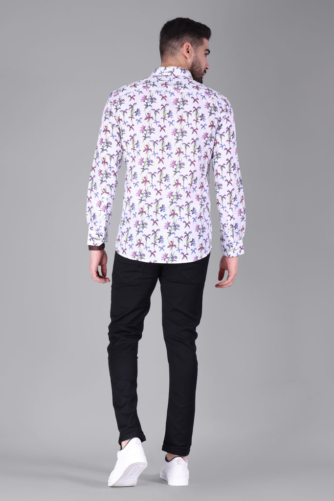 Linen Cotton Blend,Digital Print,Plain, Full Sleeves,Semi Slim Fit,White And Multi Colour Floral, Men,Shirt