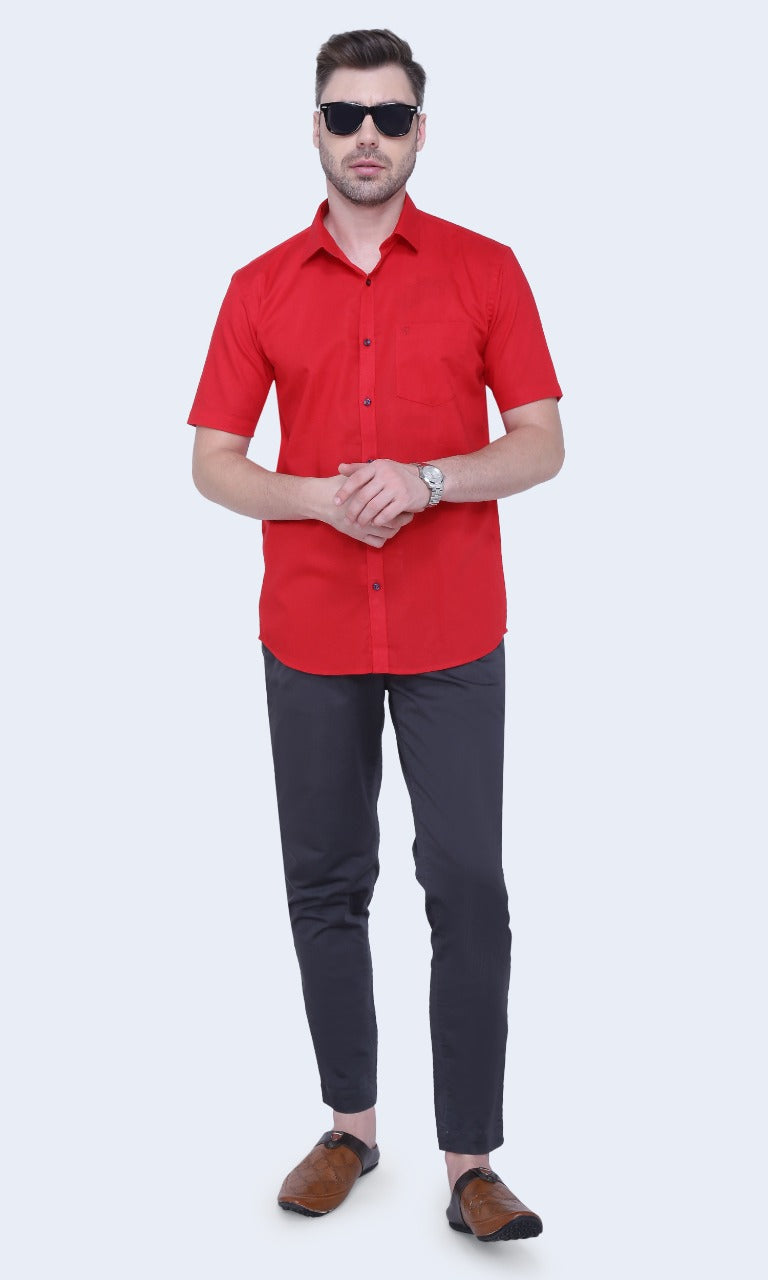 Linen Cotton Blend,Piece Dyed,Plain, Half Sleeves,Semi Slim FitDark Red, Men,Shirt