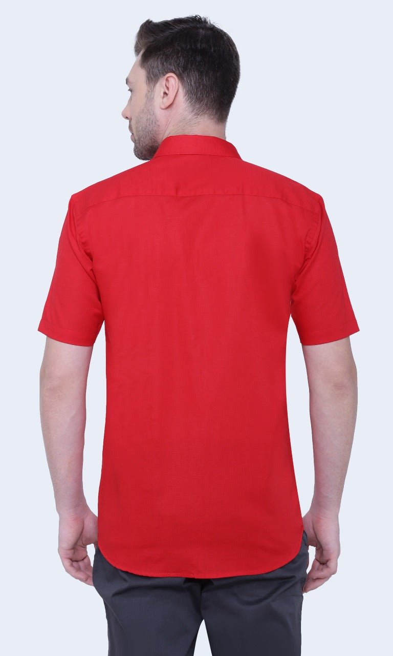 Linen Cotton Blend,Piece Dyed,Plain, Half Sleeves,Semi Slim FitDark Red, Men,Shirt