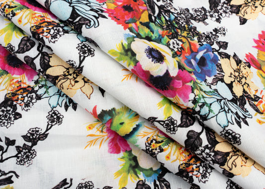 Linen Cotton Blend,Digital Print,Plain,White And Multi Colour Floral, Men And Women, Unstitched Shirting Or Top Fabric