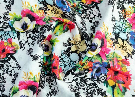 Linen Cotton Blend,Digital Print,Plain,White And Multi Colour Floral, Men And Women, Unstitched Shirting Or Top Fabric
