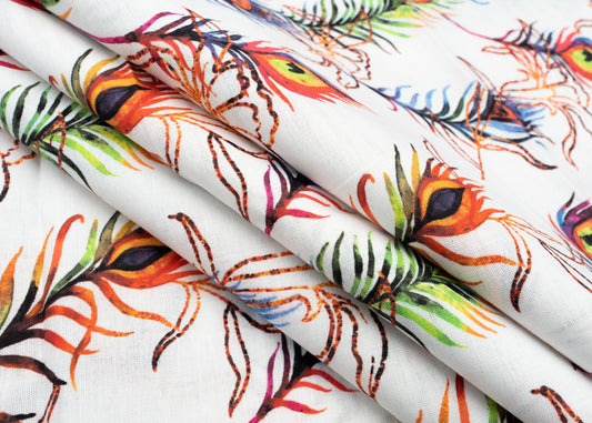 Linen Cotton Blend,Digital Print,Plain,White And Multi Colour Feather, Men And Women, Unstitched Shirting Or Top Fabric