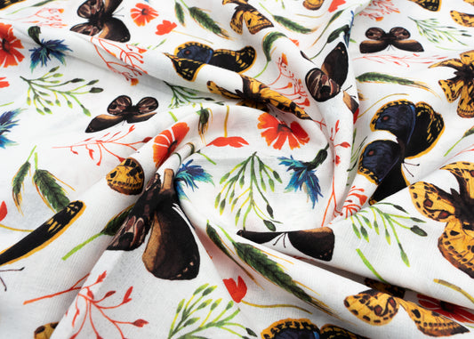 Linen Cotton Blend,Digital Print,Plain,White And Multi Colour Butterfly, Men And Women, Unstitched Shirting Or Top Fabric