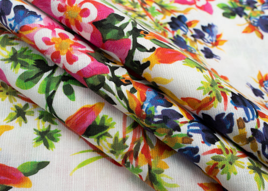 Linen Cotton Blend,Digital Print,Plain,White And Multi Colour Floral, Men And Women, Unstitched Shirting Or Top Fabric