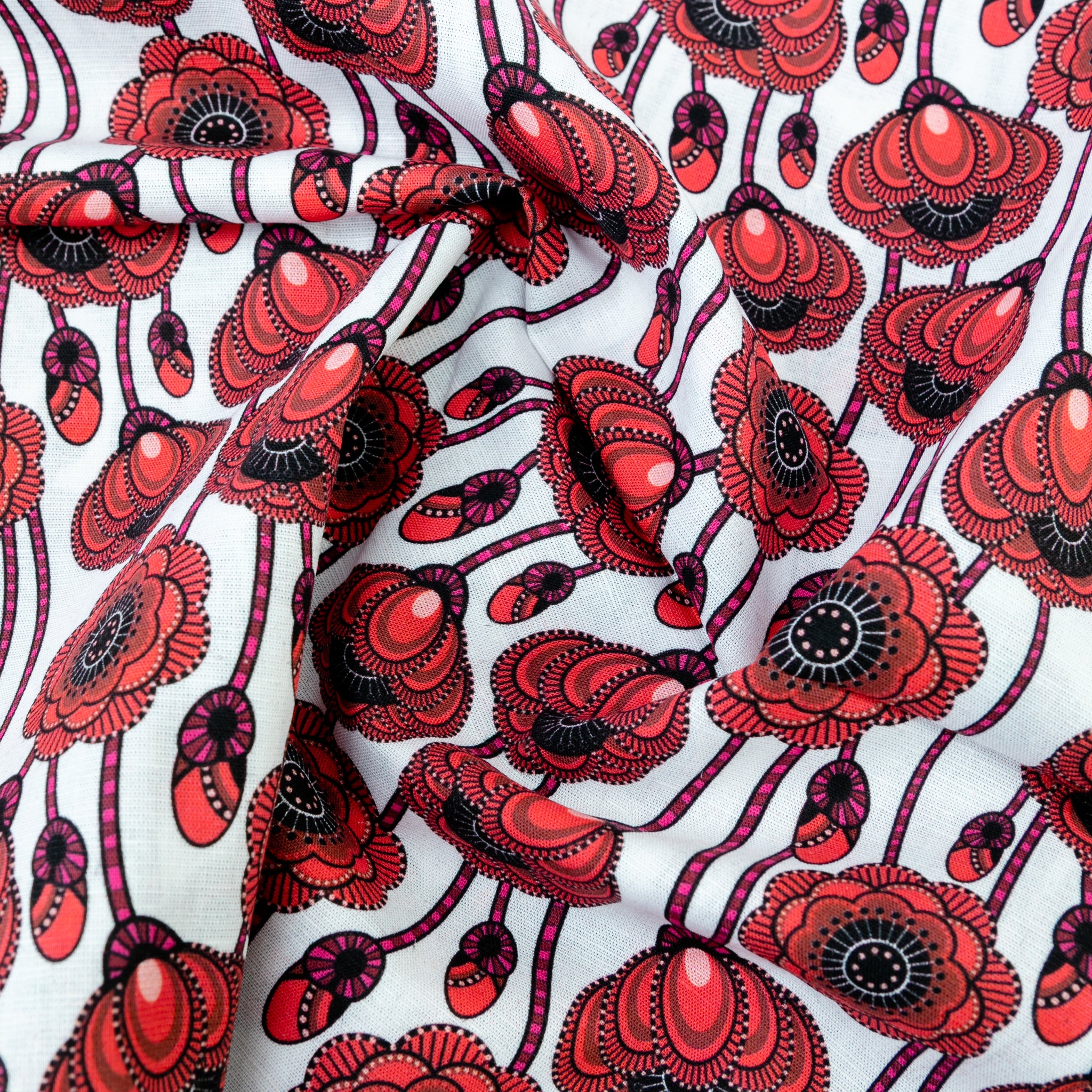 Linen Cotton Blend,Digital Print,Plain,White And Red And Black Floral, Men And Women, Unstitched Shirting Or Top Fabric