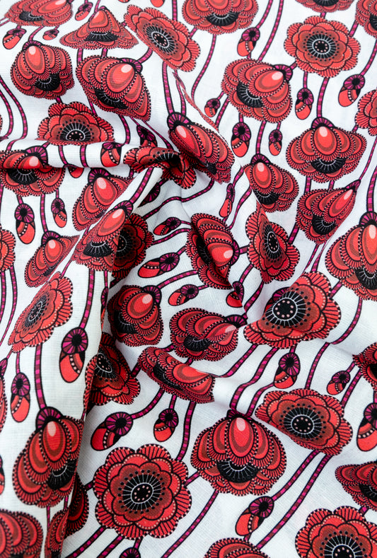 Linen Cotton Blend,Digital Print,Plain,White And Red And Black Floral, Men And Women, Unstitched Shirting Or Top Fabric