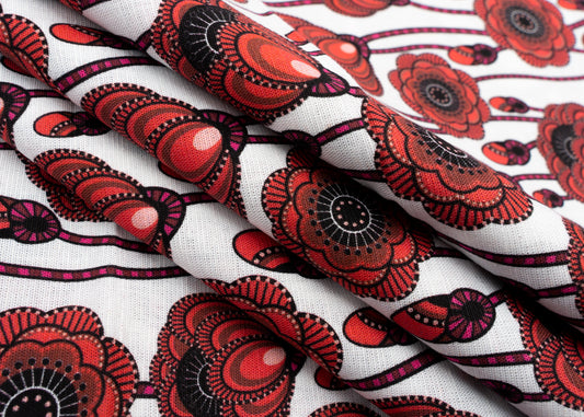Linen Cotton Blend,Digital Print,Plain,White And Red And Black Floral, Men And Women, Unstitched Shirting Or Top Fabric