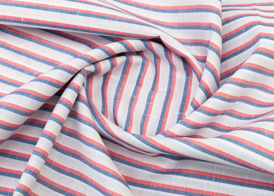 Linen Cotton Blend, Yarn Dyed, Plain,Red And Blue And White R814, Men And Women, Unstitched Shirting Or Top Fabric