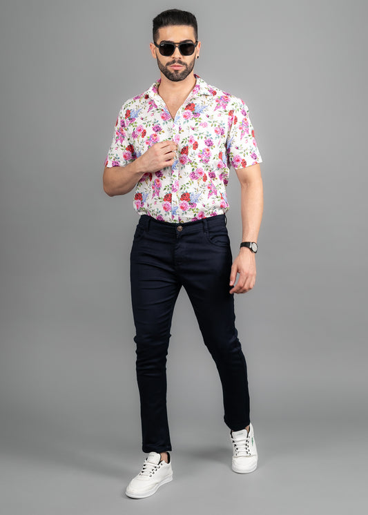 Linen Cotton Blend,Digital Print,Plain, Half Sleeves,Semi Slim FitWhite And Multi Colour Floral, Men,Shirt