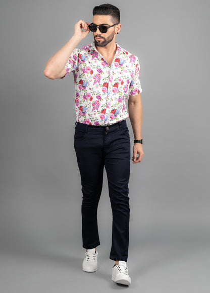 Linen Cotton Blend,Digital Print,Plain, Half Sleeves,Semi Slim FitWhite And Multi Colour Floral, Men,Shirt