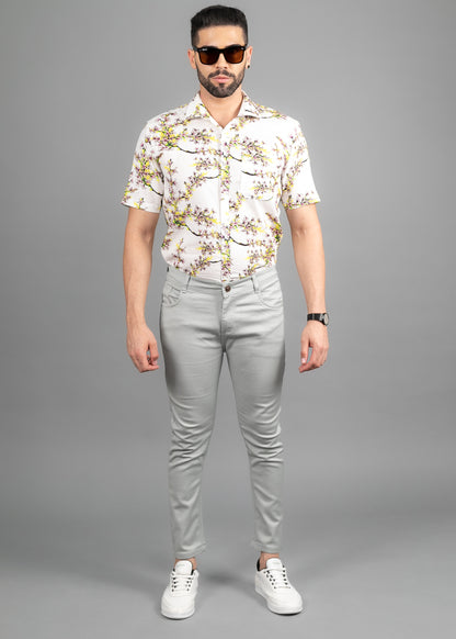 Linen Cotton Blend,Digital Print,Plain, Half Sleeves,Semi Slim FitWhite And Multi Colour Floral, Men,Shirt