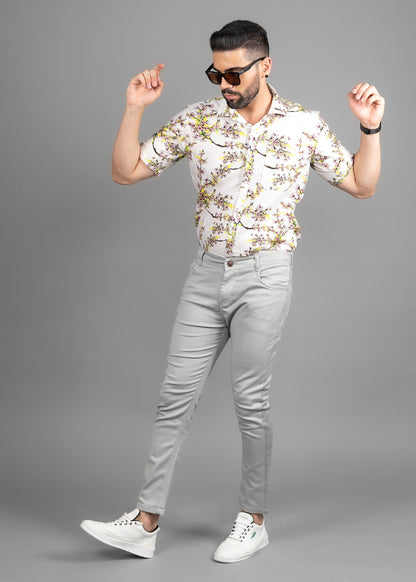 Linen Cotton Blend,Digital Print,Plain, Half Sleeves,Semi Slim FitWhite And Multi Colour Floral, Men,Shirt