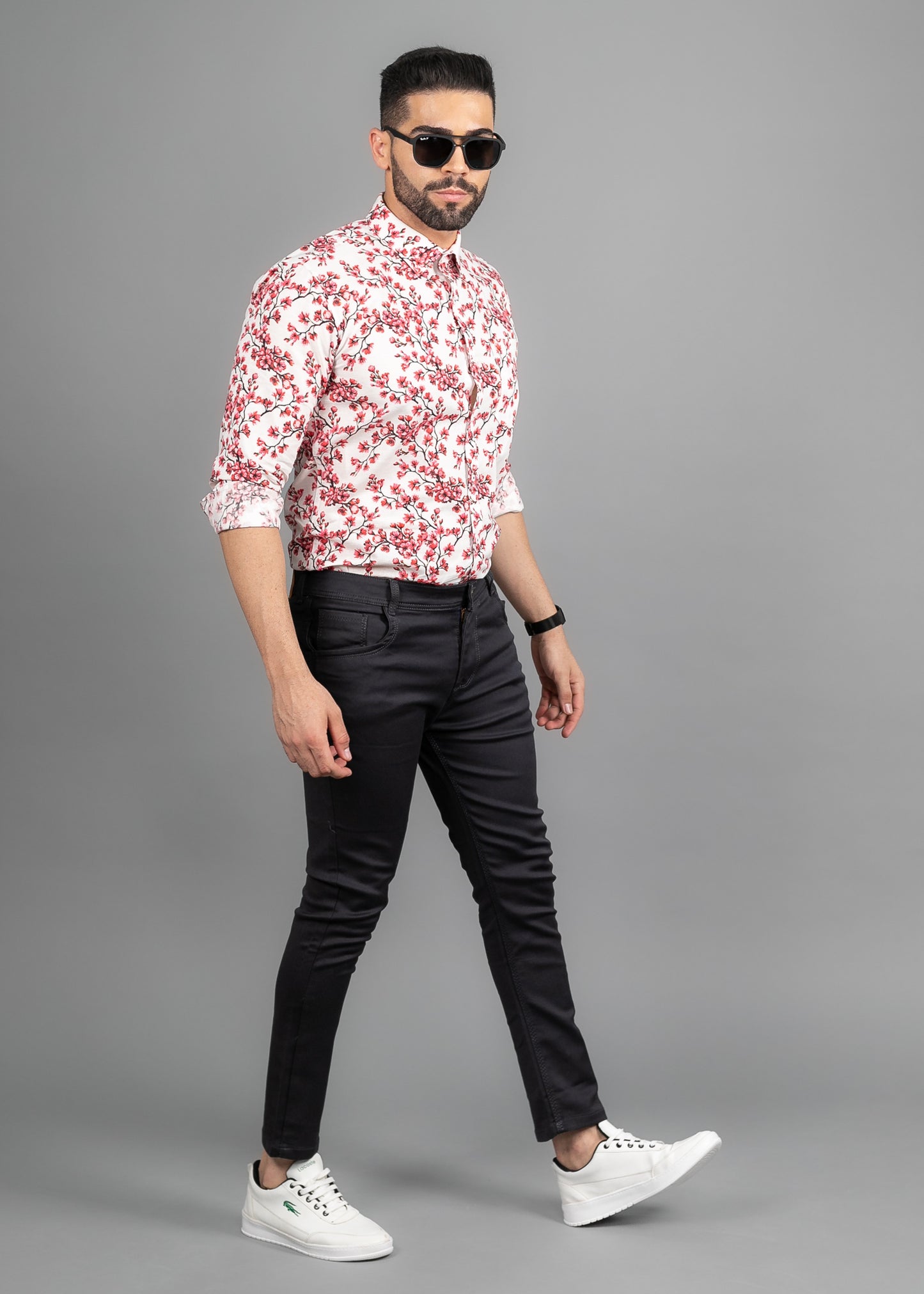 Linen Cotton Blend,Digital Print,Plain, Full Sleeves,Semi Slim Fit,White and Red And Pink And Black Floral, Men,Shirt
