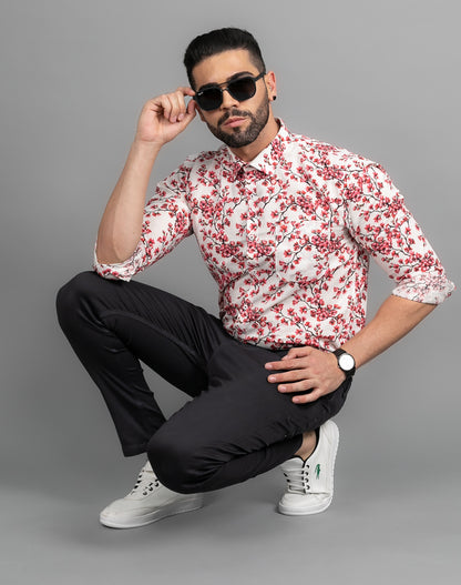 Linen Cotton Blend,Digital Print,Plain, Full Sleeves,Semi Slim Fit,White and Red And Pink And Black Floral, Men,Shirt