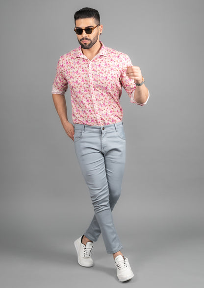 Linen Cotton Blend,Digital Print,Plain, Full Sleeves,Semi Slim Fit,Pink And White Floral, Men,Shirt