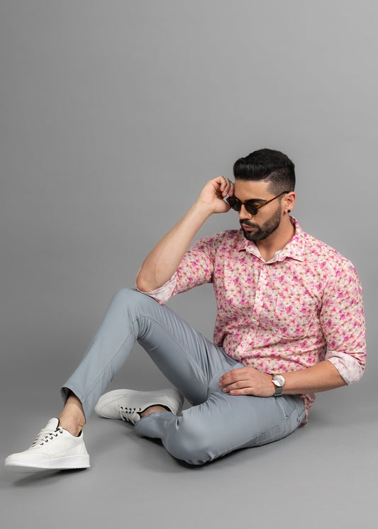 Linen Cotton Blend,Digital Print,Plain, Full Sleeves,Semi Slim Fit,Pink And White Floral, Men,Shirt