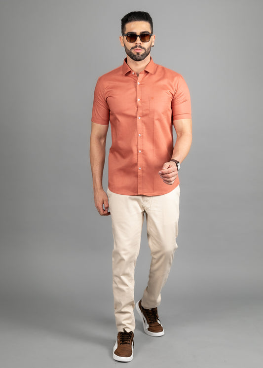 Linen Cotton Blend,Piece Dyed,Plain, Half Sleeves,Semi Slim FitCopper, Men,Shirt