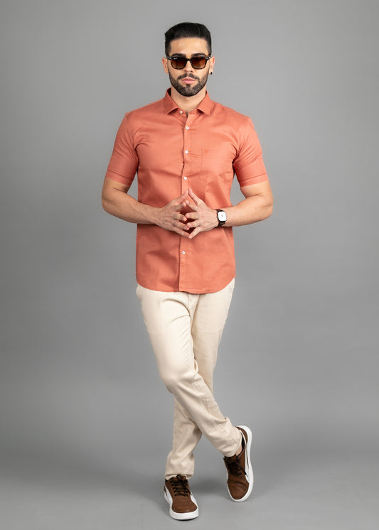 Linen Cotton Blend,Piece Dyed,Plain, Half Sleeves,Semi Slim FitCopper, Men,Shirt