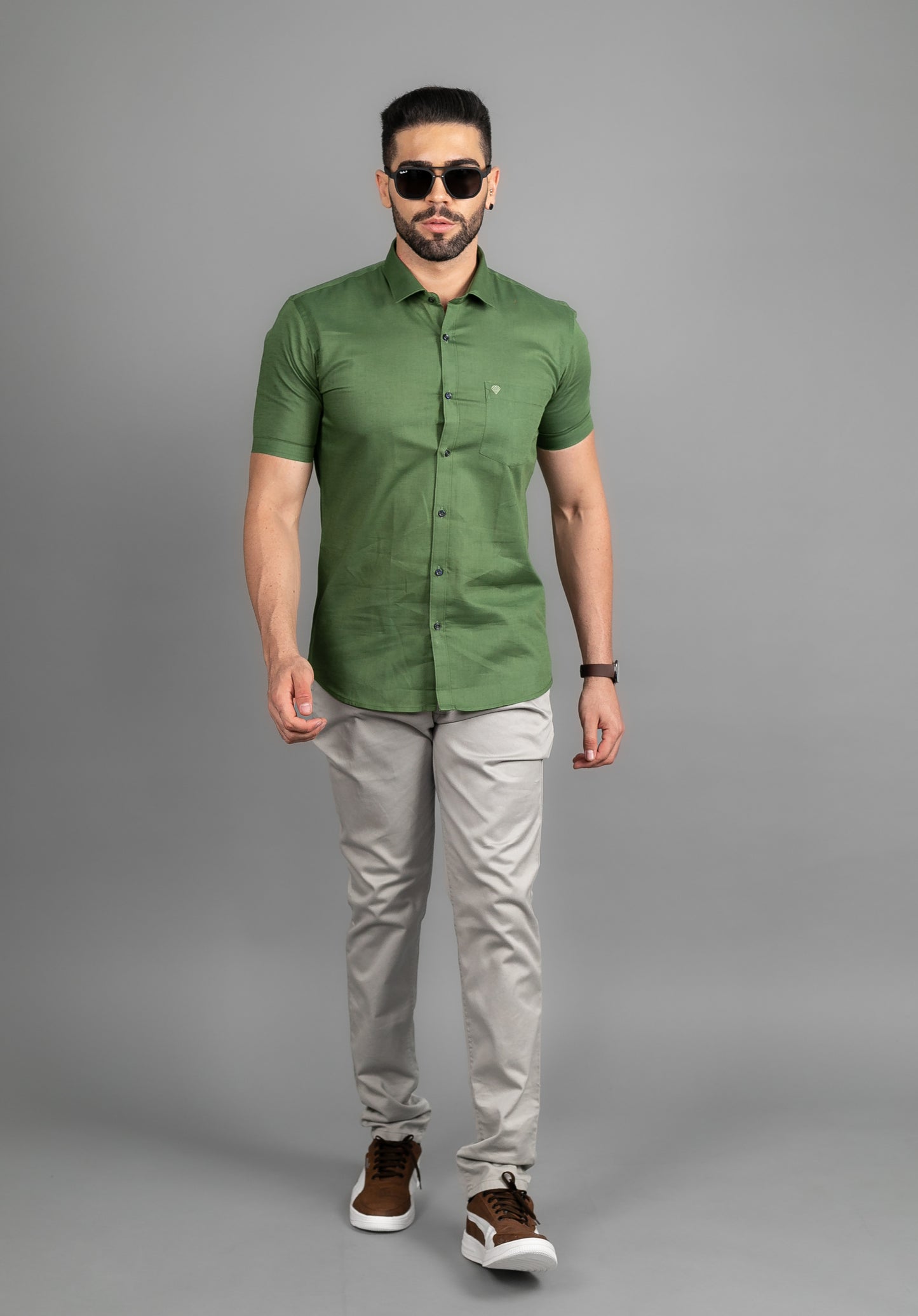 Linen Cotton Blend,Piece Dyed,Plain, Half Sleeves,Semi Slim Fit Mehendi, Men,Shirt