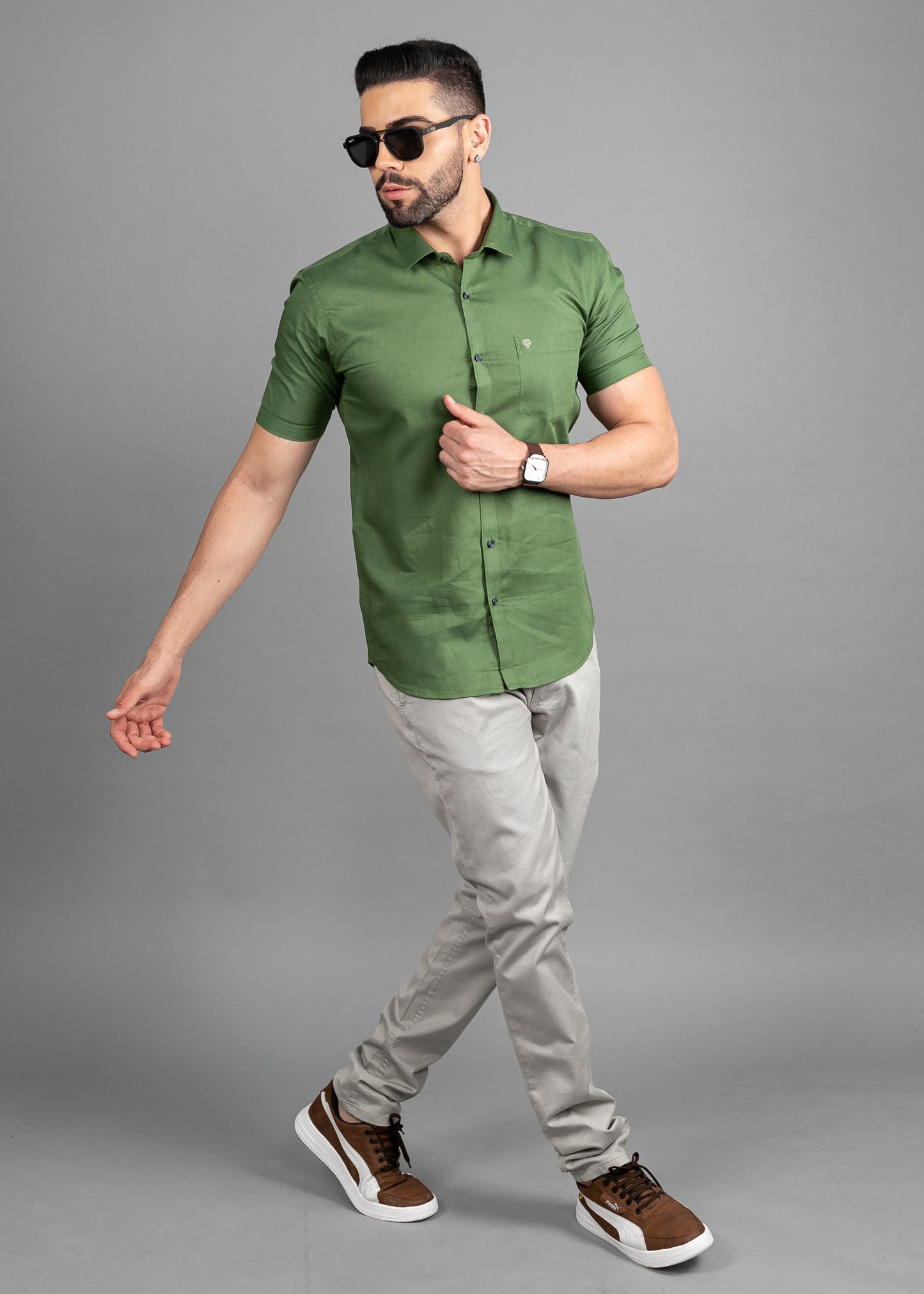 Linen Cotton Blend,Piece Dyed,Plain, Half Sleeves,Semi Slim Fit Mehendi, Men,Shirt