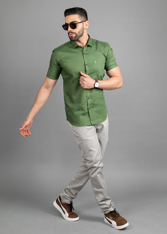 Linen Cotton Blend,Piece Dyed,Plain, Half Sleeves,Semi Slim FitMehendi, Men,Shirt