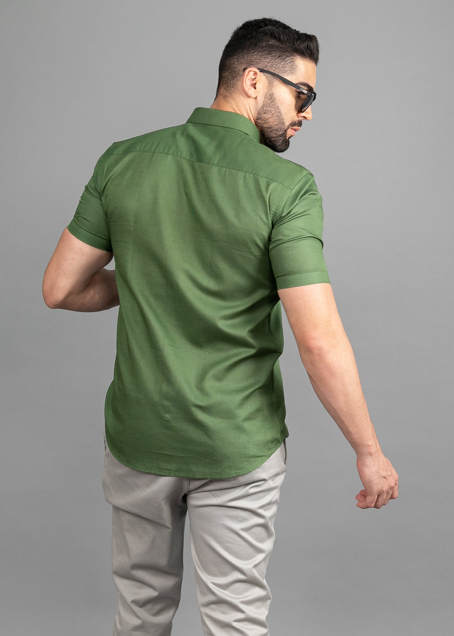 Linen Cotton Blend,Piece Dyed,Plain, Half Sleeves,Semi Slim Fit Mehendi, Men,Shirt