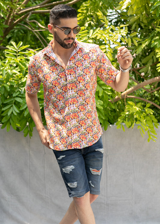 Linen Cotton Blend,Digital Print,Plain, Half Sleeves,Semi Slim FitWhite And Multi Colour Floral, Men,Shirt