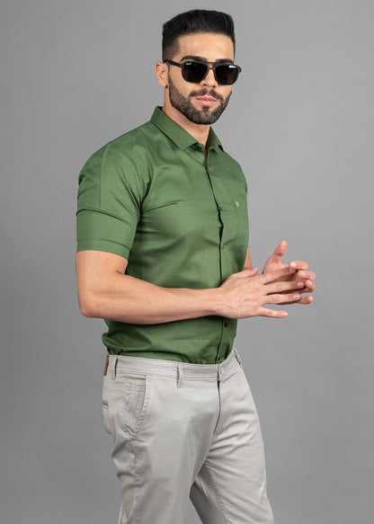 Linen Cotton Blend,Piece Dyed,Plain, Half Sleeves,Semi Slim Fit Mehendi, Men,Shirt