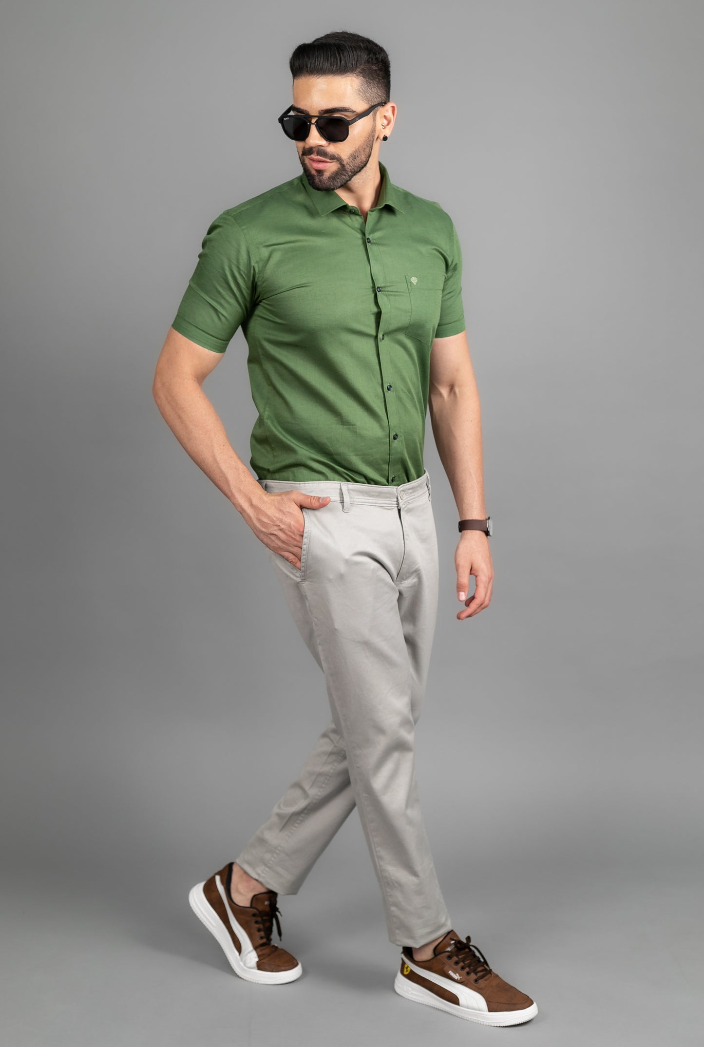 Linen Cotton Blend,Piece Dyed,Plain, Half Sleeves,Semi Slim Fit Mehendi, Men,Shirt