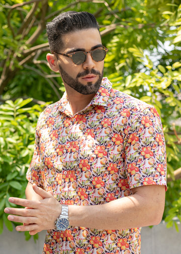 Linen Cotton Blend,Digital Print,Plain, Half Sleeves,Semi Slim FitWhite And Multi Colour Floral, Men,Shirt